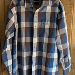 Men's Tommy Bahama Blue and Brown Checkered Shirt Size XL
